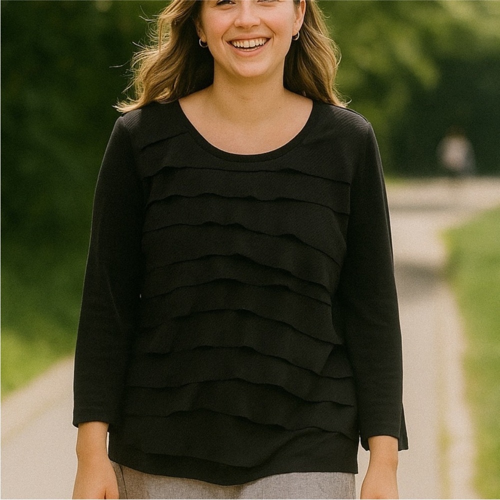 Chico's Travelers Size 3 Textured Ruffle Tier Blouse Black Chiffon Top Chicos XL